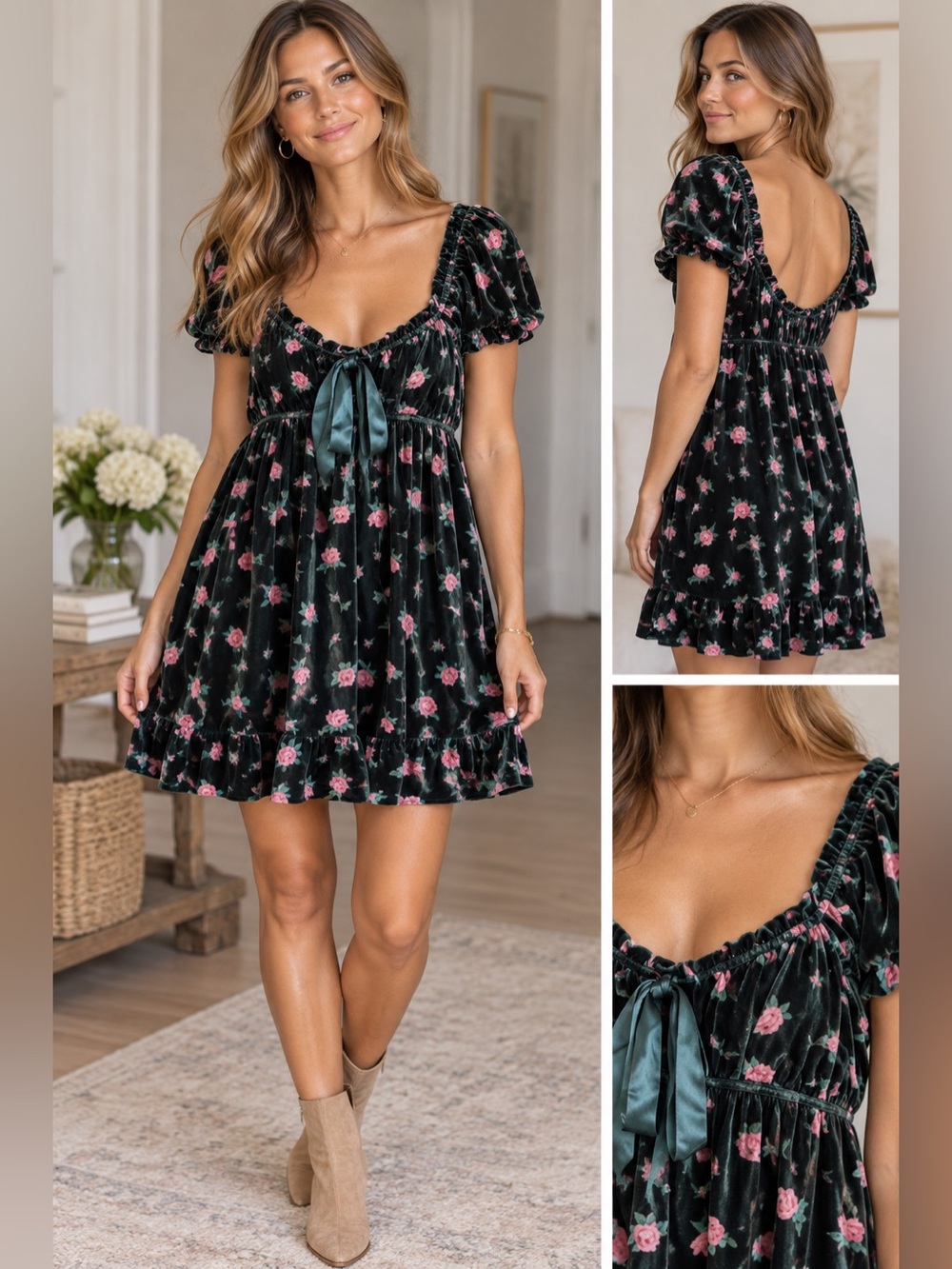 NWT Altar'd State Krystelle Green Velvet Rose Babydoll Mini Dress Size XL